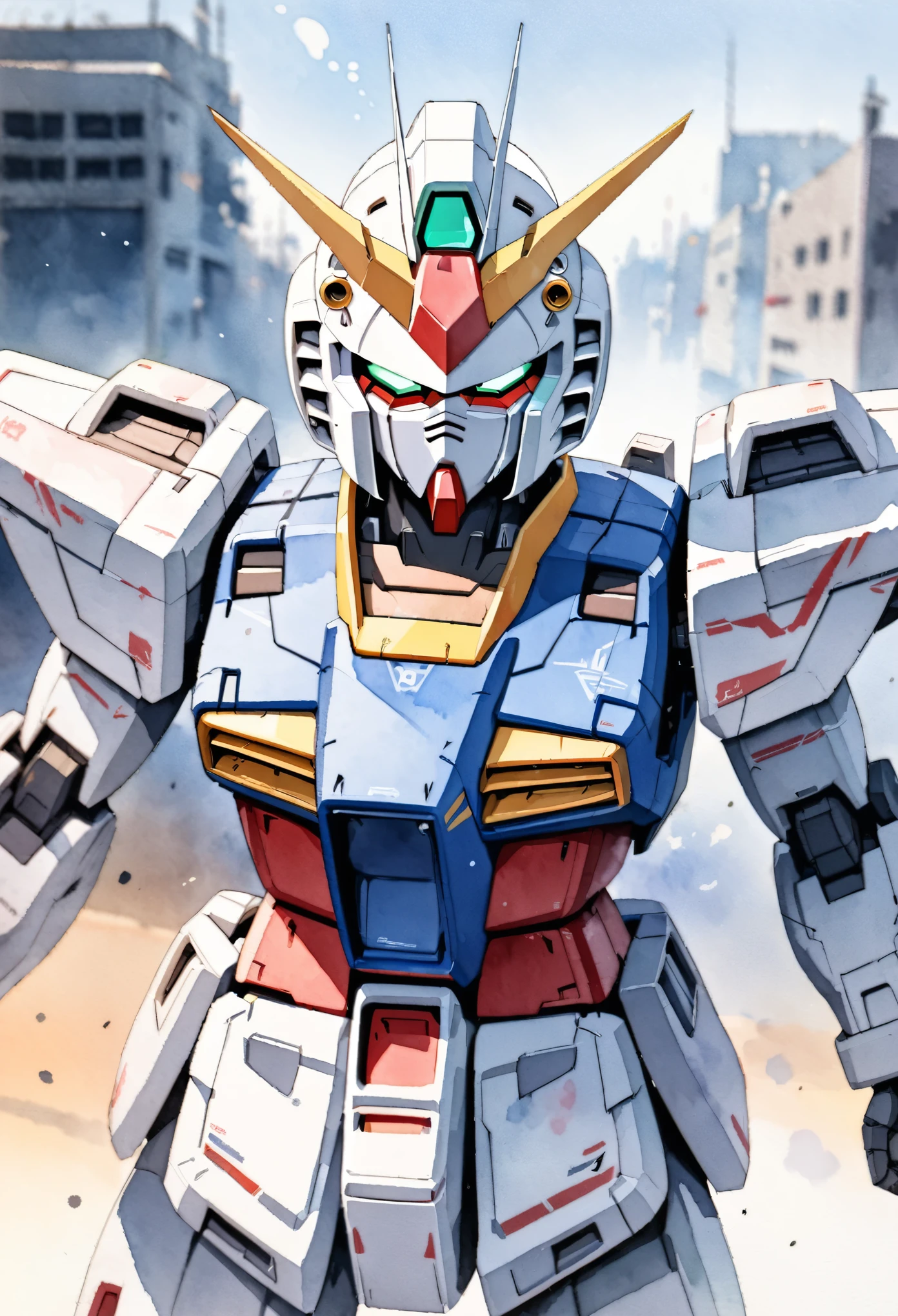 (masterpiece),(Highest quality),(Very detailed),(High resolution),((watercolor)),(Anime Style),8k,Hard Edge,robot,機動戦士Gundam,Gundam,RX78-2,((Twin Eye)),(watercolor画の飛沫、Oozing、Blurry、Blotting、Effective use of fading techniques)
