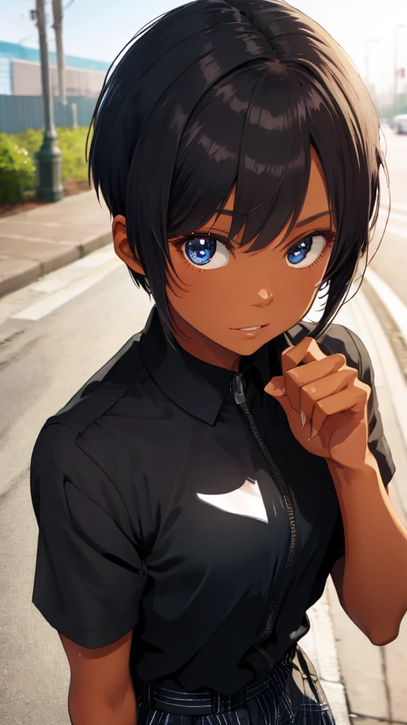 (masterpiece, best quality, ultra detailed, four fingers and one thumb, black eyes:1.4), BREAK 1lady, athletic female, abs body, (Black Hair, Pixie Cut, chest, gigantic chest, Sunburn, Sunburnlines, Dark Skin:1.2), (ultra detailed face, expression of fine eyes, shiny hair, shiny skin, oily skin, super detailed skin), (glowing, depth of field, eye-level shot from front, from above, looking at viewer:1.4),