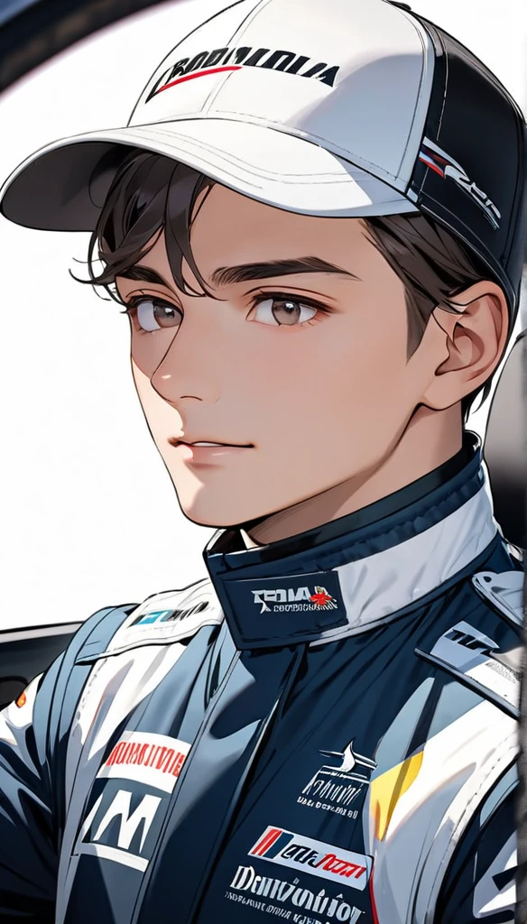 Man in racing driver outfit