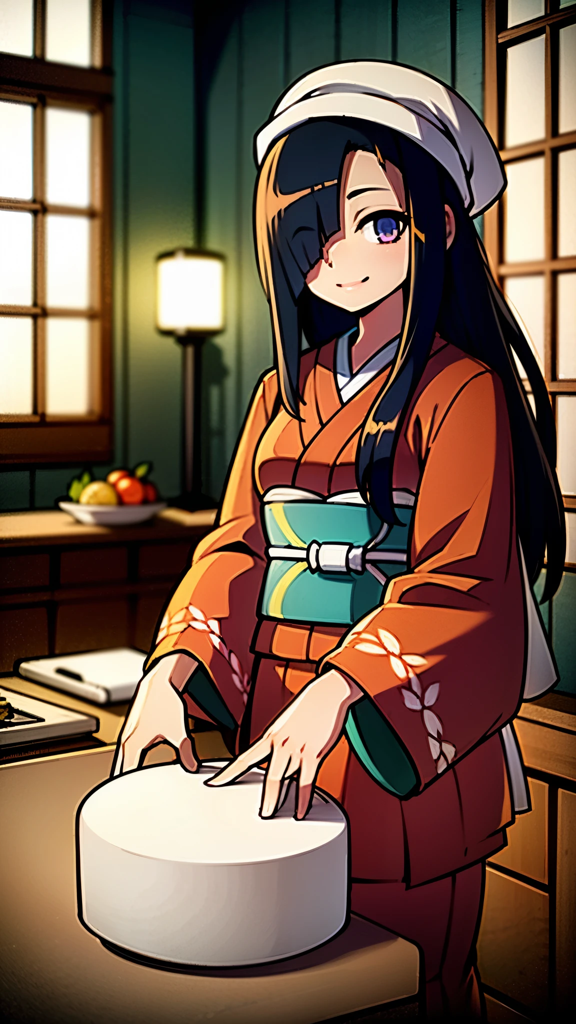 4k, masterpiece, young woman cooking, dark hair, (in floral kimono:1.3), smiling, in kitchen, looking at viewer, lake in background outside window, dim light illuminating room, Japan