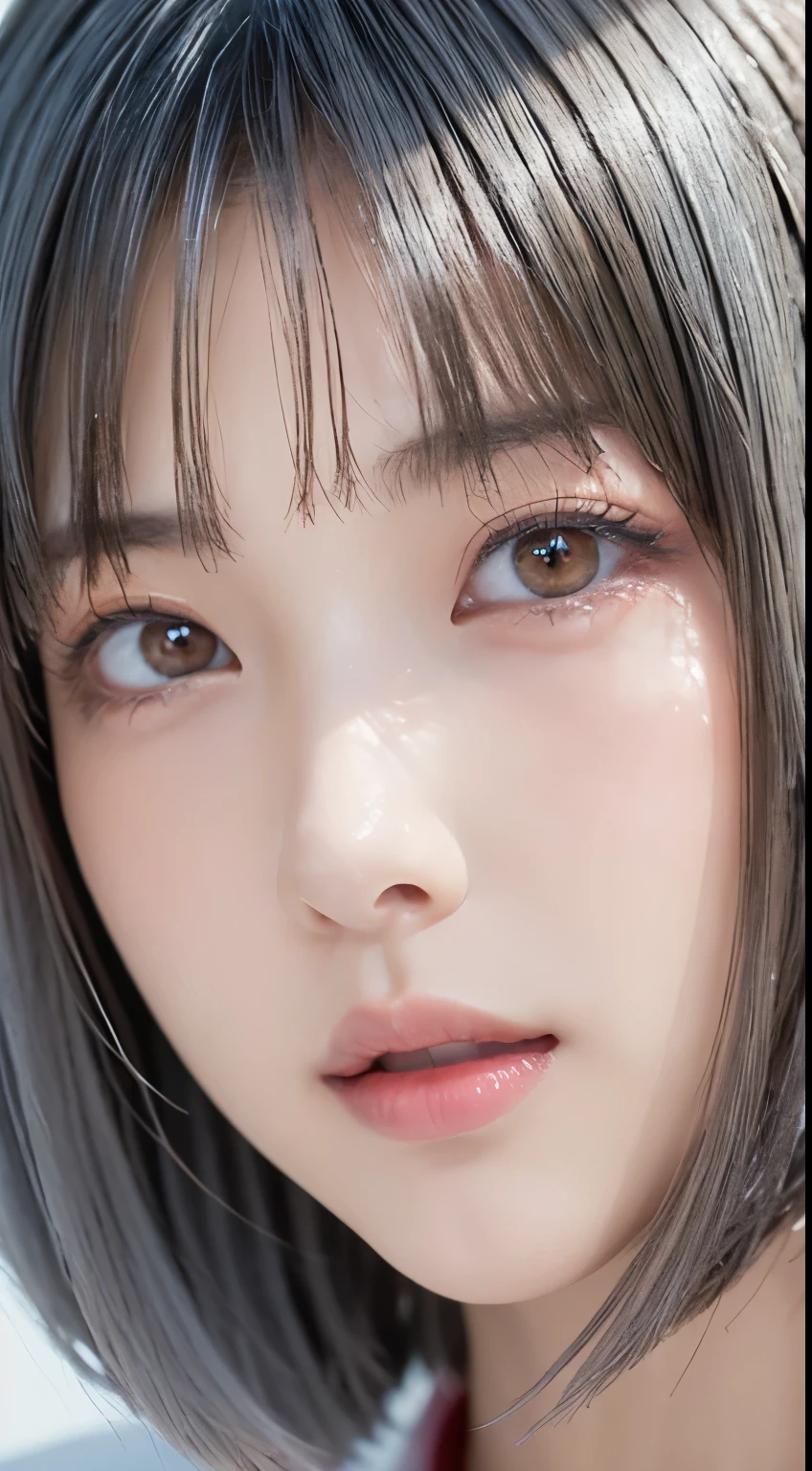 ((Close-up of face:1.6))、((Apply beautiful makeup:1.4))、Natural Shading、((Moist eyes:1.3))、K-Pop Idols)Calm and goddess-like happiness、Look at the viewer with your whole body、((Slightly parted lips:1.3))、Natural Shading、((Thin pubic hair))、K-Pop Idols)Calm and goddess-like happiness、Look at the viewer with your whole body、((Small Tits:1.3))、Natural Shading、((Thin pubic hair))、K-Pop Idols)Calm and goddess-like happiness、Look at the viewer with your whole body、((Small Tits:1.3))、Natural Shading、((Thin pubic hair))、K-Pop Idols)Calm and goddess-like happiness、Look at the viewer with your whole body、((((Beautiful bob-cut gray hair))))、((White haired Japanese woman)))、(Short bob gray hair:1.5)、masterpiece, Highest quality, 8k, Absurd, (Upper body:1.4), Beautiful girls, Beautiful face, Looking at the audience, Laughter, Surreal, High resolution, picture, Film Grain, chromatic aberration, Sharp focus, High resolution, フェイスLight, Dynamic Lighting, Light, Professional Shadow, Simple Background, (Dull grey background:1.4), Highest detail, Very detailed, Ultra-detailed, In detail, Real Skin, Delicate facial features, Detailed face and eyes, Sharp pupils、Realistic students、(Korean、Japanese、Chinese:0.4)
