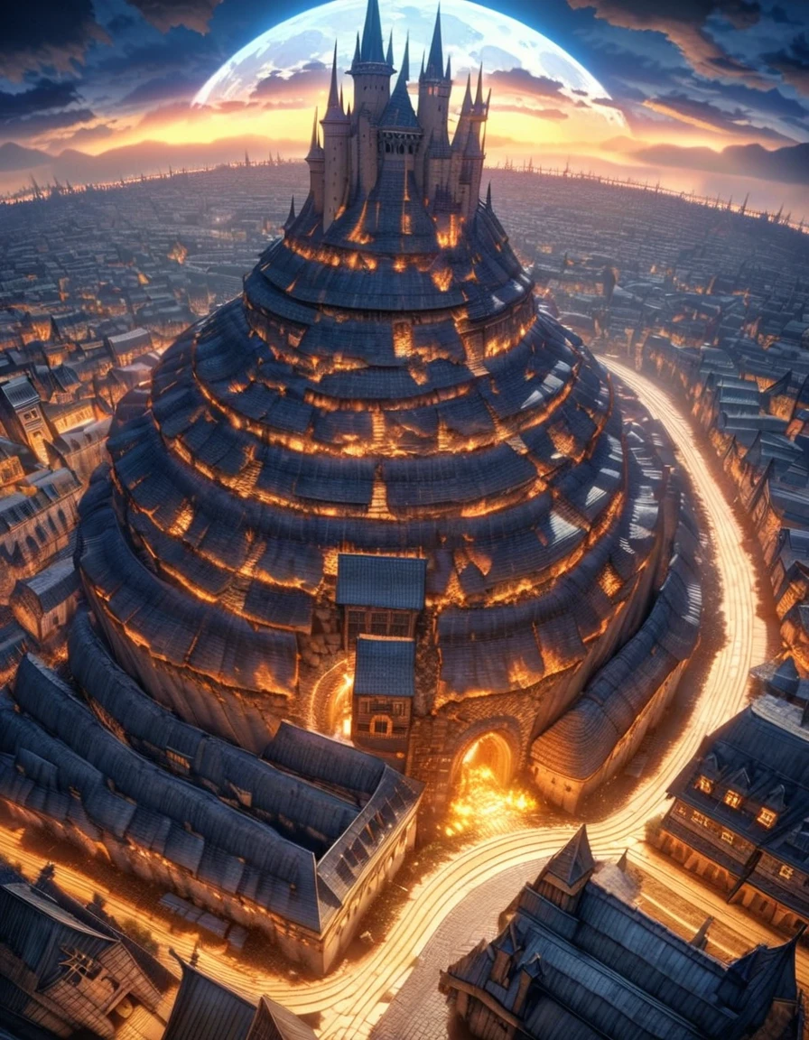  anime aestetics, anime scenery, gigantic blue moon over the castle, capital of ashes, stone roads, tall white stone buildings, beautiful architecture, elden ring capital, night, fullmoon, gigantic burning tree on the background, erd tree, elden ring scenery, gigantic structures, streets covered in ashes, medieval capital, dark fantasy setting, dark night, red yellow an blue colours, atmospheric perspective, perspective, wide shot, from above, 4K, 8k, highres, best quality, award winning, super detail, accurate, masterpiece, UHD
