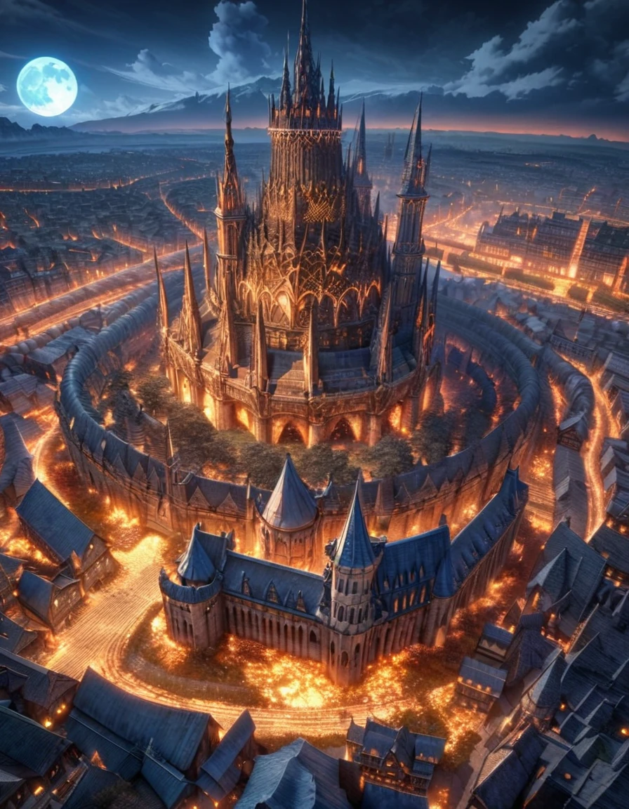 anime aestetics, anime scenery, gigantic blue moon over the castle, capital of ashes, stone roads, tall white stone buildings, beautiful architecture, elden ring capital, night, fullmoon, gigantic burning tree on the background, erd tree, elden ring scenery, gigantic structures, streets covered in ashes, medieval capital, dark fantasy setting, dark night, red yellow an blue colours, atmospheric perspective, perspective, wide shot, from above, 4K, 8k, highres, best quality, award winning, super detail, accurate, masterpiece, UHD