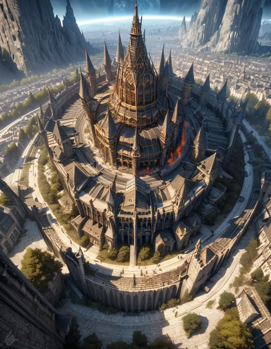 anime aestetics, anime scenery, gigantic blue moon over the castle, capital of ashes, stone roads, tall white stone buildings, beautiful architecture, elden ring capital, night, fullmoon, gigantic burning tree on the background, erd tree, elden ring scenery, gigantic structures, streets covered in ashes, medieval capital, dark fantasy setting, dark night, red yellow an blue colours, atmospheric perspective, perspective, wide shot, from above, 4K, 8k, highres, best quality, award winning, super detail, accurate, masterpiece, UHD