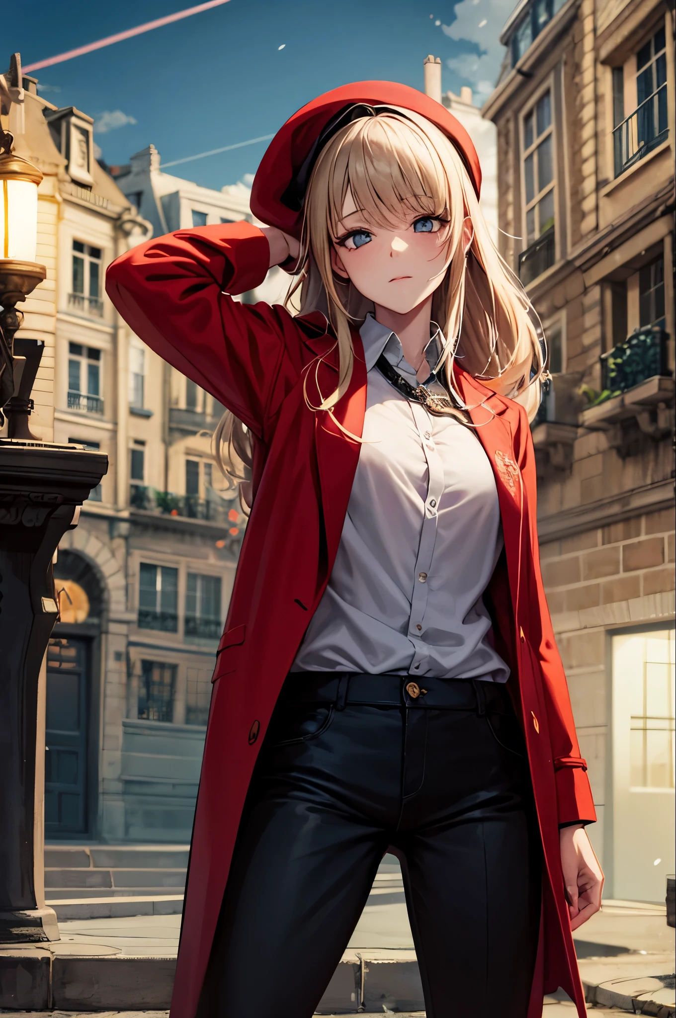 (Realistic:0.2), Anime illustration, One girl,, Red coat, Big red hat, Paris, France, software, Black trousers, Black office shirt,, Carmen sanity,, blue sky,, Long Hair,, Dramatic Lightning, Light, epic Light, Light on the face, バックLight, フェイスLight, Bright Face, Fill Lamp, Subsidy light, ((masterpiece)), (Carmen_sanity_v1-1_Shurik-2000:0.6)