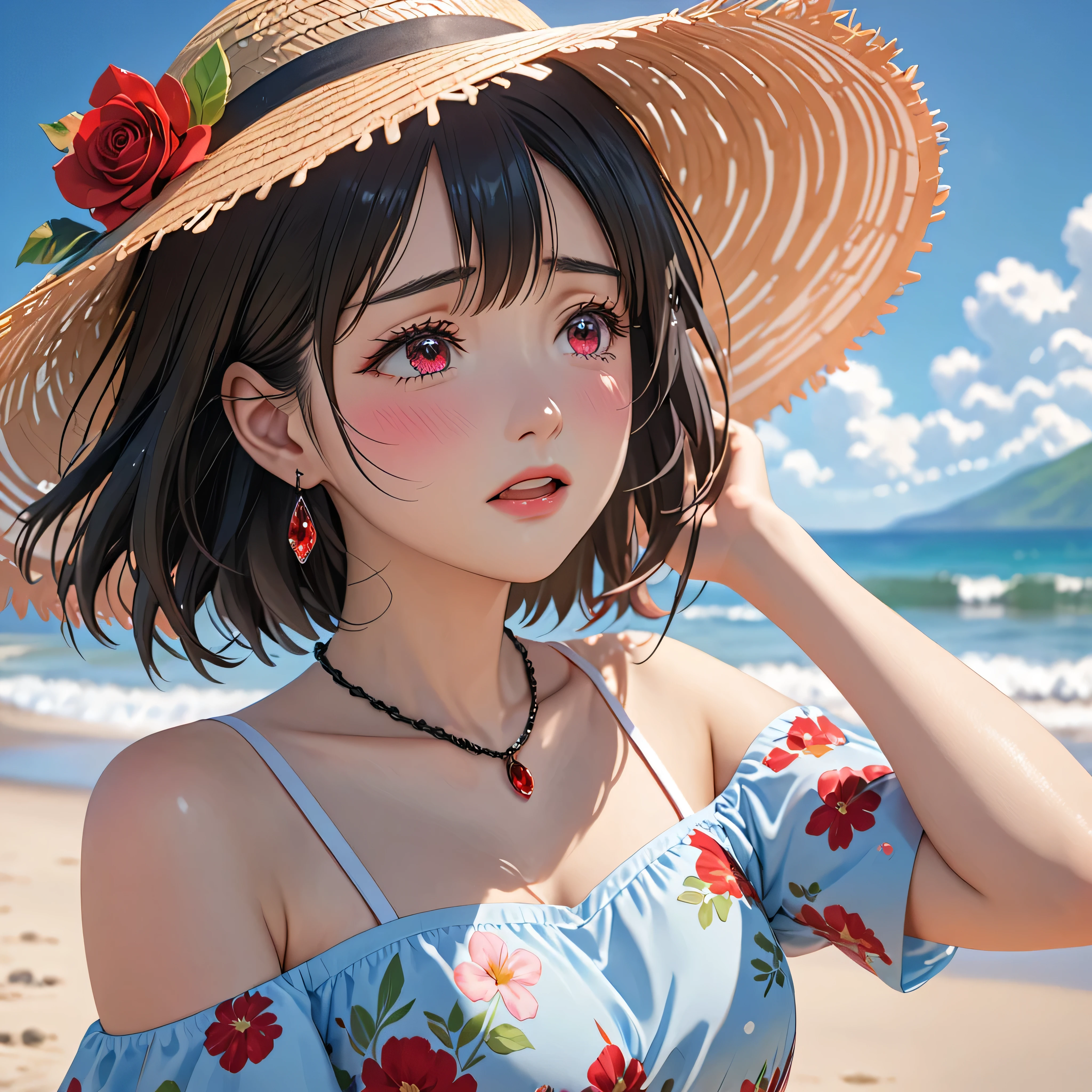 National Science Foundation,masterpiece,High resolution,8k,Art,digit,Three-dimensional,Realism,Kyoto Animation Style,your name movie style,looking into camera,cute,On the scenic beach,(1 girl: 1.3),(alone: 1.4),(Colorful floral off-the-shoulder dress),Put your hands behind your head,Black Rose Summer Sunshade Straw Hat,Red crystal necklace,red crystal earrings,Black hair,Long eyelashes,Slender legs,Short Bob,Close-up of upper body,Close-up,(A Closer Look),Eyes as deep as the starry sky,shy,blush,pain,sad,sad,cry,Tears,open mouth