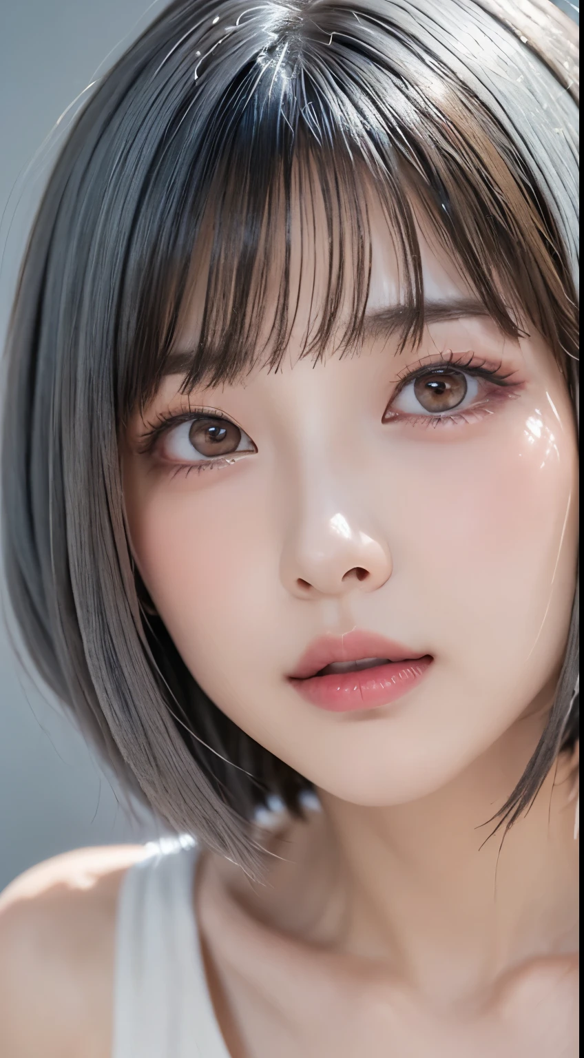 ((Close-up of face:1.6))、((Apply beautiful makeup:1.4))、Natural Shading、((Moist eyes:1.3))、K-Pop Idols)Calm and goddess-like happiness、Look at the viewer with your whole body、((Slightly parted lips:1.3))、Natural Shading、((Thin pubic hair))、K-Pop Idols)Calm and goddess-like happiness、Look at the viewer with your whole body、((Small Tits:1.3))、Natural Shading、((Thin pubic hair))、K-Pop Idols)Calm and goddess-like happiness、Look at the viewer with your whole body、((Small Tits:1.3))、Natural Shading、((Thin pubic hair))、K-Pop Idols)Calm and goddess-like happiness、Look at the viewer with your whole body、((((Beautiful bob-cut gray hair))))、((White haired Japanese woman)))、(Short bob gray hair:1.5)、masterpiece, Highest quality, 8k, Absurd, (Upper body:1.4), Beautiful girls, Beautiful face, Looking at the audience, Laughter, Surreal, High resolution, picture, Film Grain, chromatic aberration, Sharp focus, High resolution, フェイスLight, Dynamic Lighting, Light, Professional Shadow, Simple Background, (Dull grey background:1.4), Highest detail, Very detailed, Ultra-detailed, In detail, Real Skin, Delicate facial features, Detailed face and eyes, Sharp pupils、Realistic students、(Korean、Japanese、Chinese:0.4)