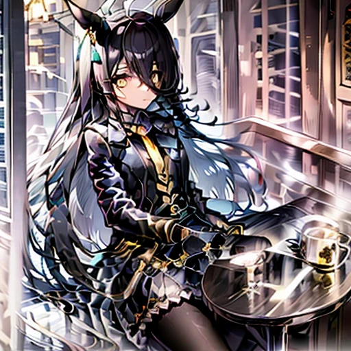 ((Table Top, Best Quality)),(One Girl:1.2),Manhattan Cafe,Manhattan Cafe (Racing Wear),Horse Girl,Horse Ears,Hair Between Eyes,(Alone:1.2),Pantyhose,Long Hair,Black Hair,Black Gloves,Yellow Eyes,Ahoge,Tie,Black Jacket,Skirt,Black Footwear