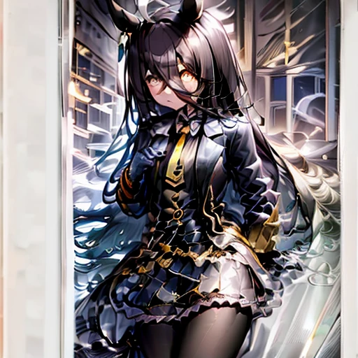 ((Table Top, Best Quality)),(One Girl:1.2),Manhattan Cafe,Manhattan Cafe (Racing Wear),Horse Girl,Horse Ears,Hair Between Eyes,(Alone:1.2),Pantyhose,Long Hair,Black Hair,Black Gloves,Yellow Eyes,Ahoge,Tie,Black Jacket,Skirt,Black Footwear