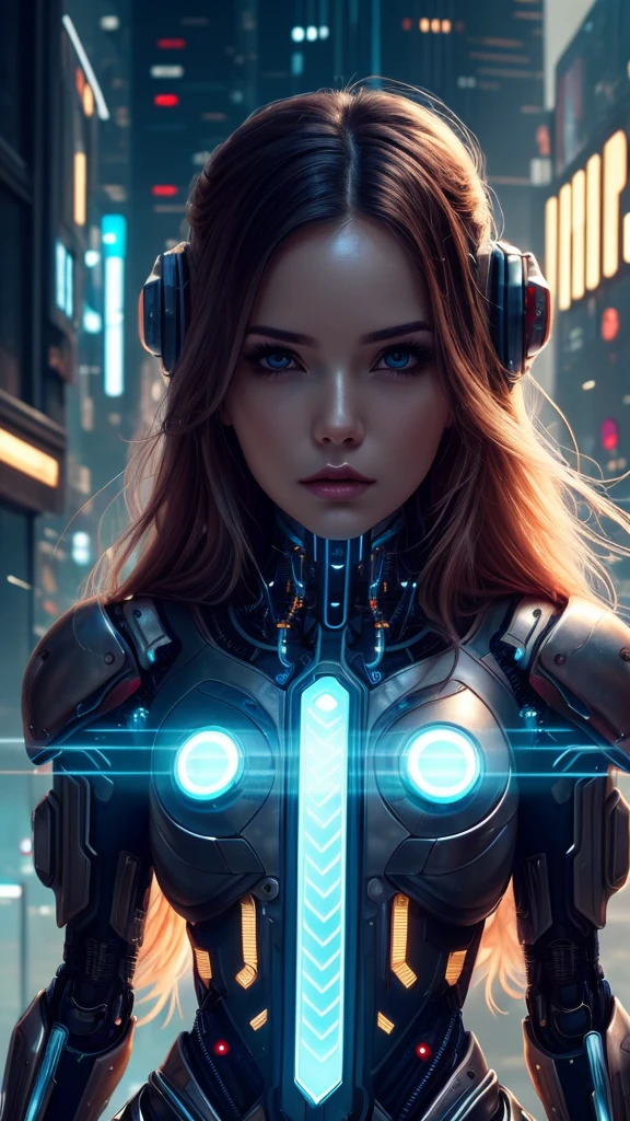 a woman with long hair and a futuristic outfit, portrait beautiful sci - fi girl, dreamy cyberpunk girl, beutiful girl cyborg, 4k highly detailed digital art, beautiful digital artwork, wlop. scifi, beautiful cyberpunk girl face, cyborg girl, cyborg - girl, 4k detailed digital art, cute cyborg girl, artgerm julie bell beeple