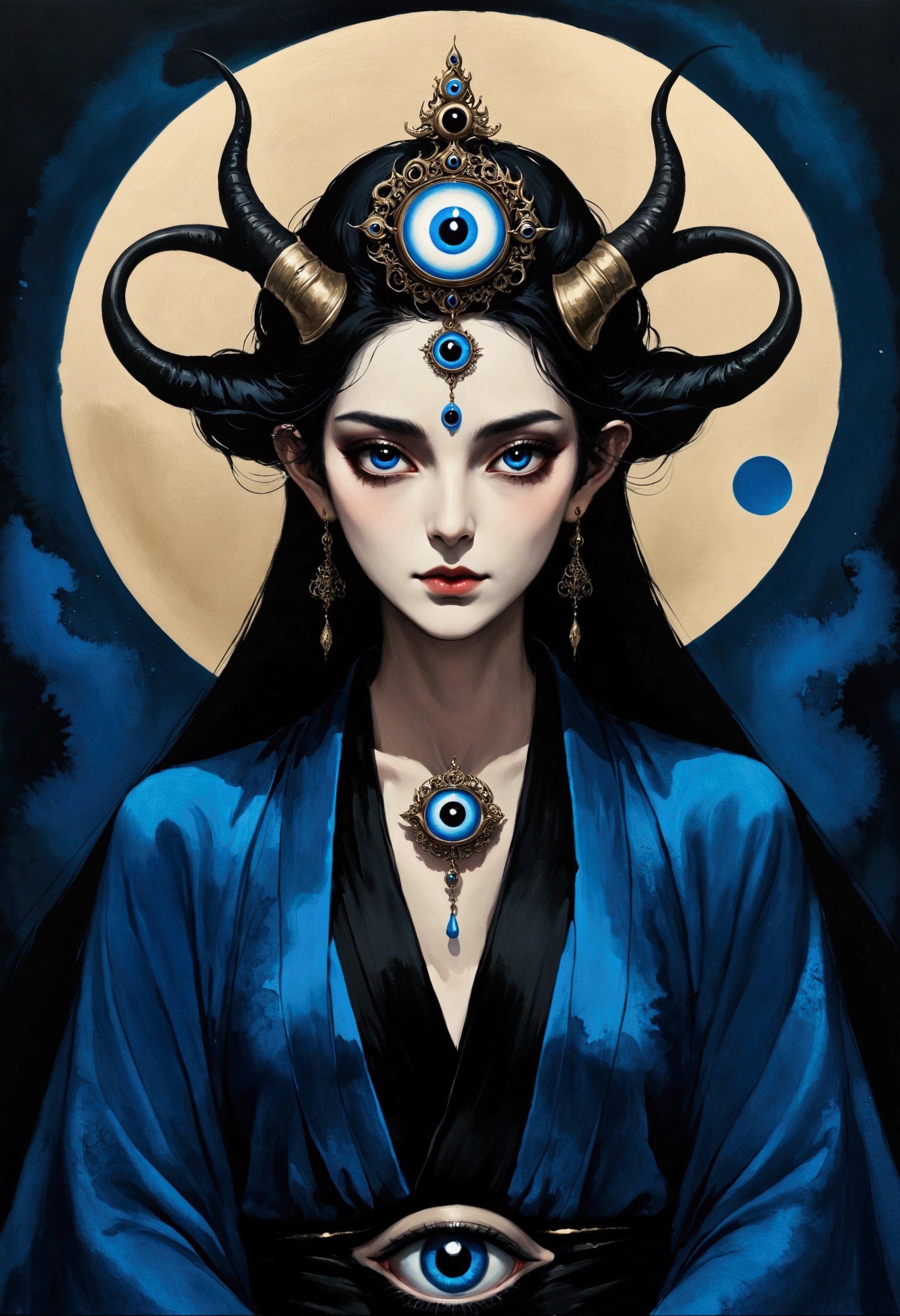 Ink Painting，Third Eye Vision。king，horn，3d，Dark eyeshadow，whole body，robe，Wide Angle，Black and blue
