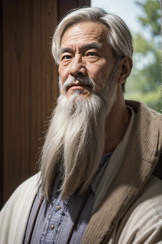 "An elderly Chinese man with a long white beard, wearing a long cloak, with a lifelike face. Clear facial details showing some wrinkles, with a calm expression."