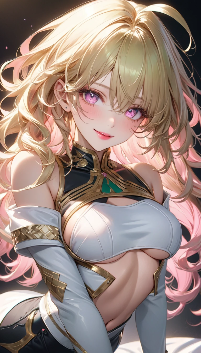 (Perfect Anatomy)、Mastepiece、Ultra High Quality、 8k、masterpiece、Highest quality、Ultra-high resolution、Maximum resolution、Very detailed、Professional Lighting、anime、woman、thin、Very beautiful face、Very beautiful eyes、(Highly detailed eye)、Highly detailed face、Blonde, (ahoge), wavy hair, Pink eyes, (gold hair, green dip-dye hair), stomach cutout, thigh boots, high heels, white mini pencil skirt, white off shoulder, makeup, eyeliner, eye shadow, pink cheek, pink lips, smile, underboob, full body,