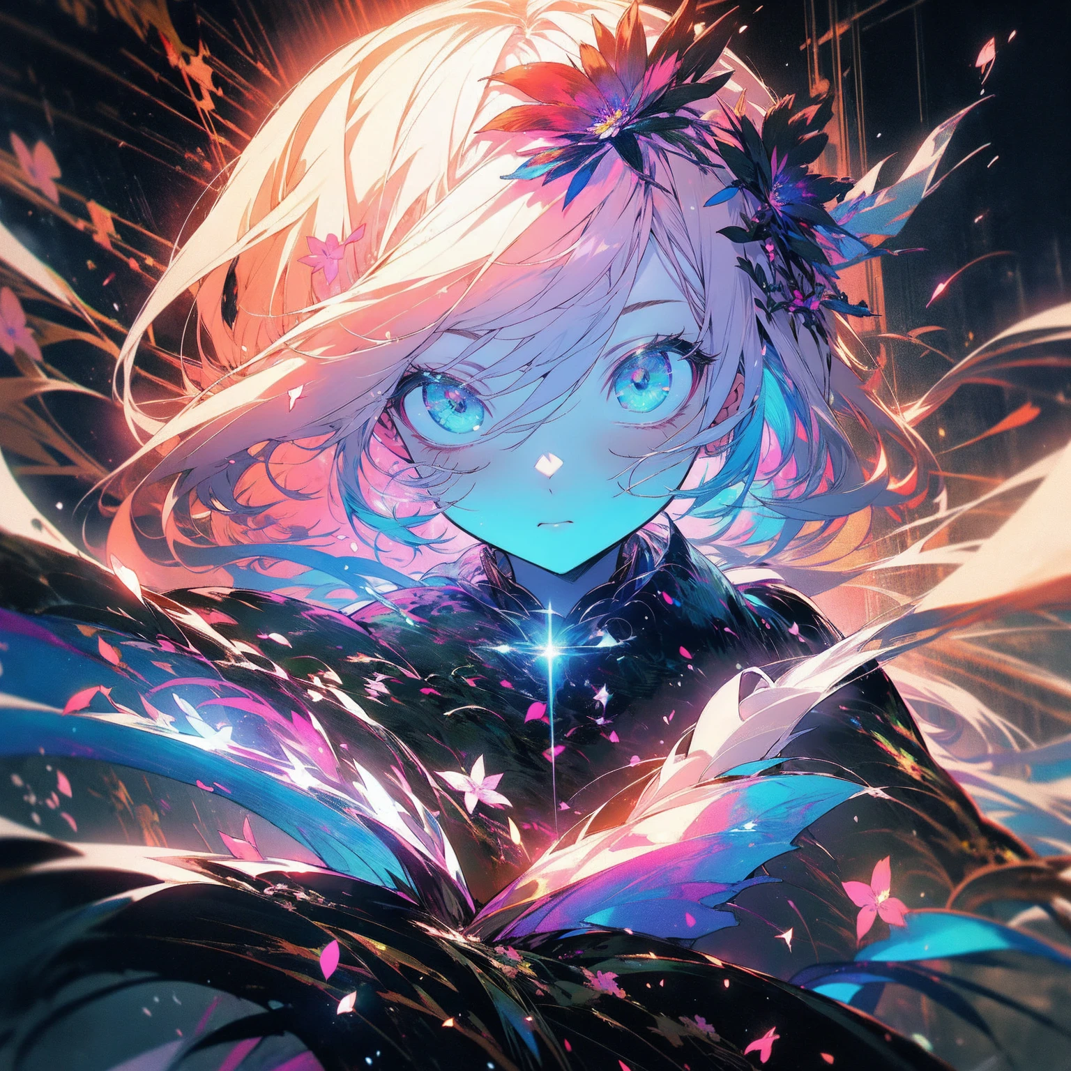 (Beautiful and aesthetic:1.2)、(1 Girl:1.3)、(blackと赤の髪:1.2)、darkness、dark、black、Colorful flowers、Fantasy、blackい世界