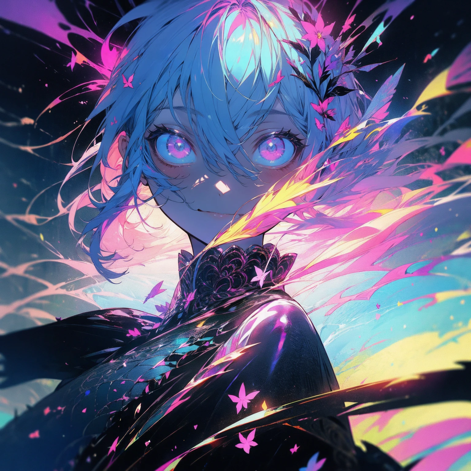 (Beautiful and aesthetic:1.2)、(1 Girl:1.3)、(blackと赤の髪:1.2)、darkness、dark、black、Colorful flowers、Fantasy、blackい世界