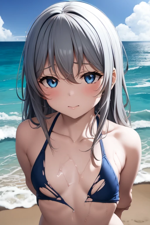 Torn school swimsuit,look up,close your eyes,Ocean,Beach,Beachに座る,Wet Hair, Wet Skin, Water running over the skin,Sleepy eyes,strict,{{{{{Flat Chest}}}}},Very small breasts,lovelive!,strict,Open your arms,nude, Bare Chest,(masterpiece, Highest quality:1.2),shape,8k,High resolution,One Girl,alone,body,(Portraiture:1.2),Long Hair,,blue eyes,Black knee socks,Grey Hair,Hair between the eyes,Gray Hair
