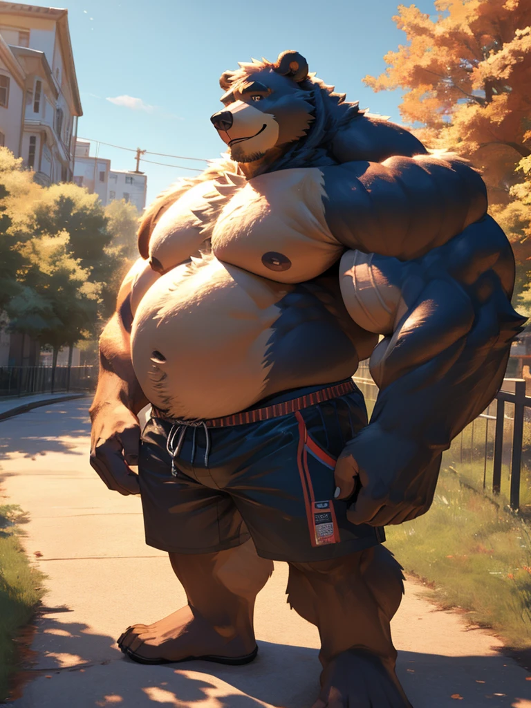 Bara, by Taran Fiddler, muscular male, mature age, middle-aged, kemono, furry male, beefy physique, pecs:1.3, canine, white fur, beard, shirtless, red boxers, clothing is slipping off waist ((erection, dripping)), pulling up boxers, standing on doorstep, leaning against doorframe, body is against doorframe, detailed, detailed face, handsome face