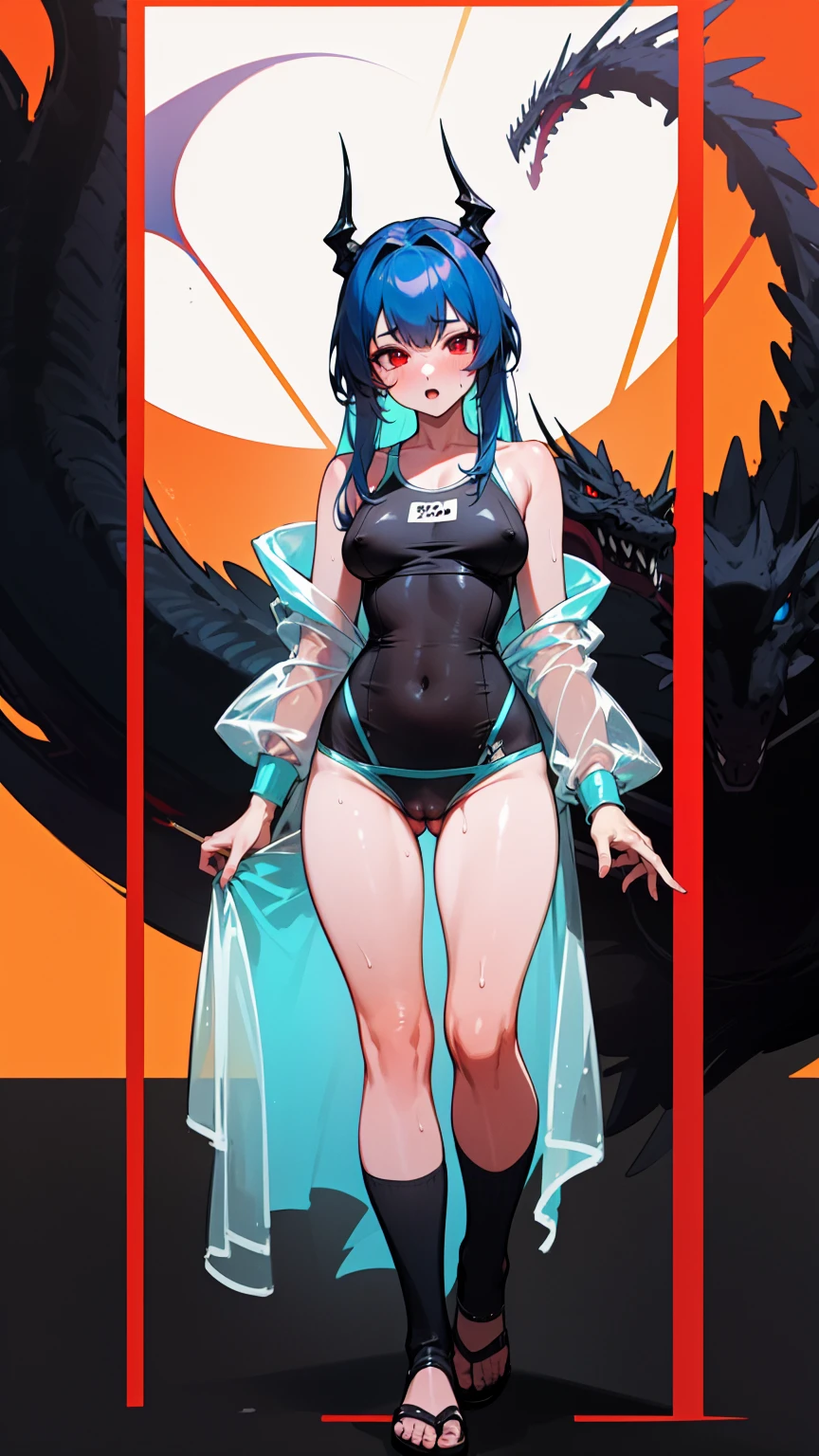 ((Highest quality)), ((masterpiece)), ((detailed)),((Browsing Caution)) (Black dragon&#39;s veiny penis){{nsfw}}A dragon who loves to have sex with girls　Couple loves the beach squatting open leg

(Transparent　Swimwear) 　(See-through black knee-high socks)
Blue Hair,Red Eye,Long Hair　Black sandals
 (Hot and glowing skin) The heat and the damp sweat