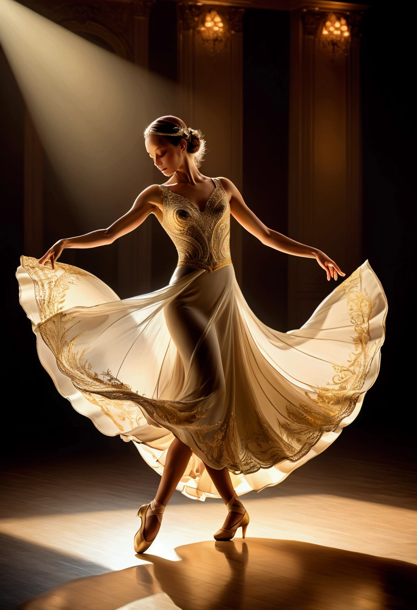 (Ultra-realistic Dancer, A grand ballroom dance), through 'Prismatic Shadows', (casting shadows in elegant gold and waltz white, with elegant gold and waltz white:0.5), dynamic movement, motion blur, full body, award-winning, cinematic still, emotional, vignette, dynamic, vivid, (masterpiece, best quality, photorealistic, Professional, perfect composition, very aesthetic, absurdres, ultra-detailed, intricate details:1.3)