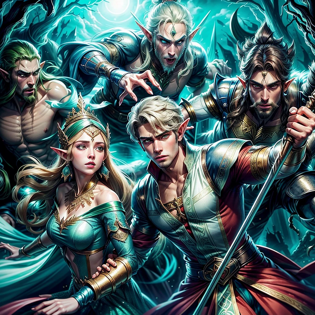 A couple of lovers, a beautiful elf and a handsome prince are fighting against a scary evil wizard, the background is a fairy tale land