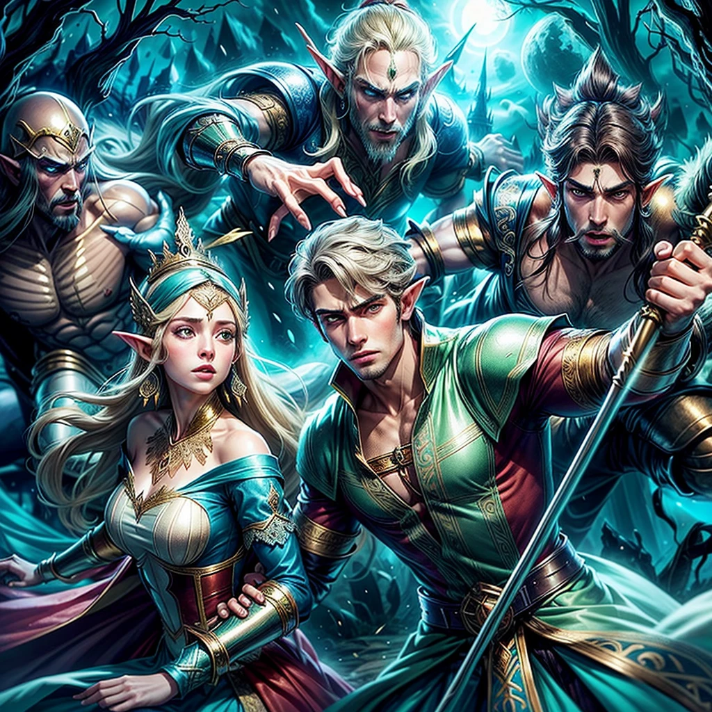 A couple of lovers, a beautiful elf and a handsome prince are fighting against a scary evil wizard, the background is a fairy tale land