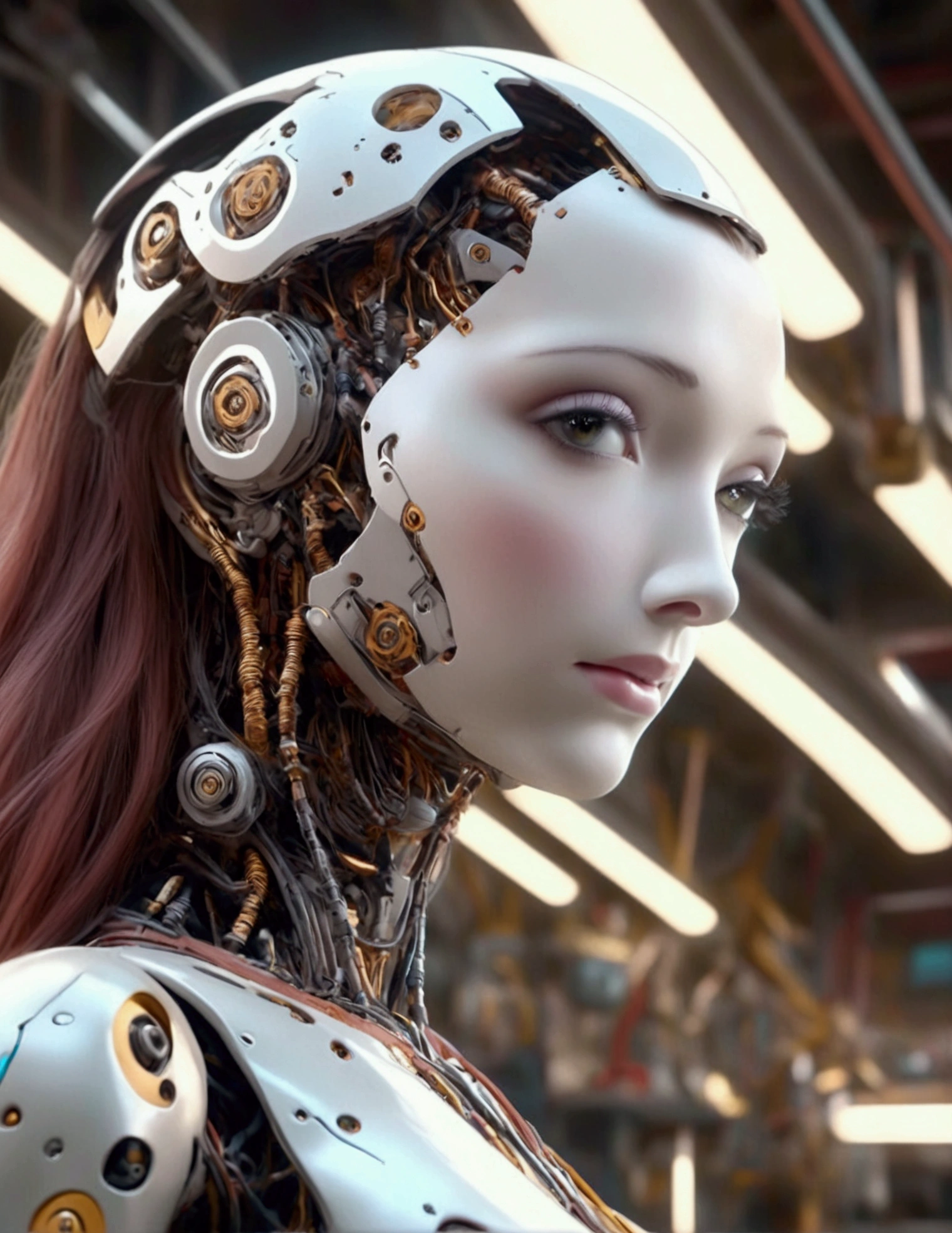 a lovely female robot, obviously mechanical, lifelike face, few open maintenance panels, standing in a machine shop on a space ship, highly detailed, intricate mechanical details, cinematic lighting, vibrant colors, futuristic, 4k, photorealistic, masterpiece, hyper detailed, exquisite craftsmanship, seamless integration of organic and inorganic elements, dynamic pose, emotive expression, cinematic atmosphere, stunning realism, mesmerizing mechanical elegance, expertly rendered
