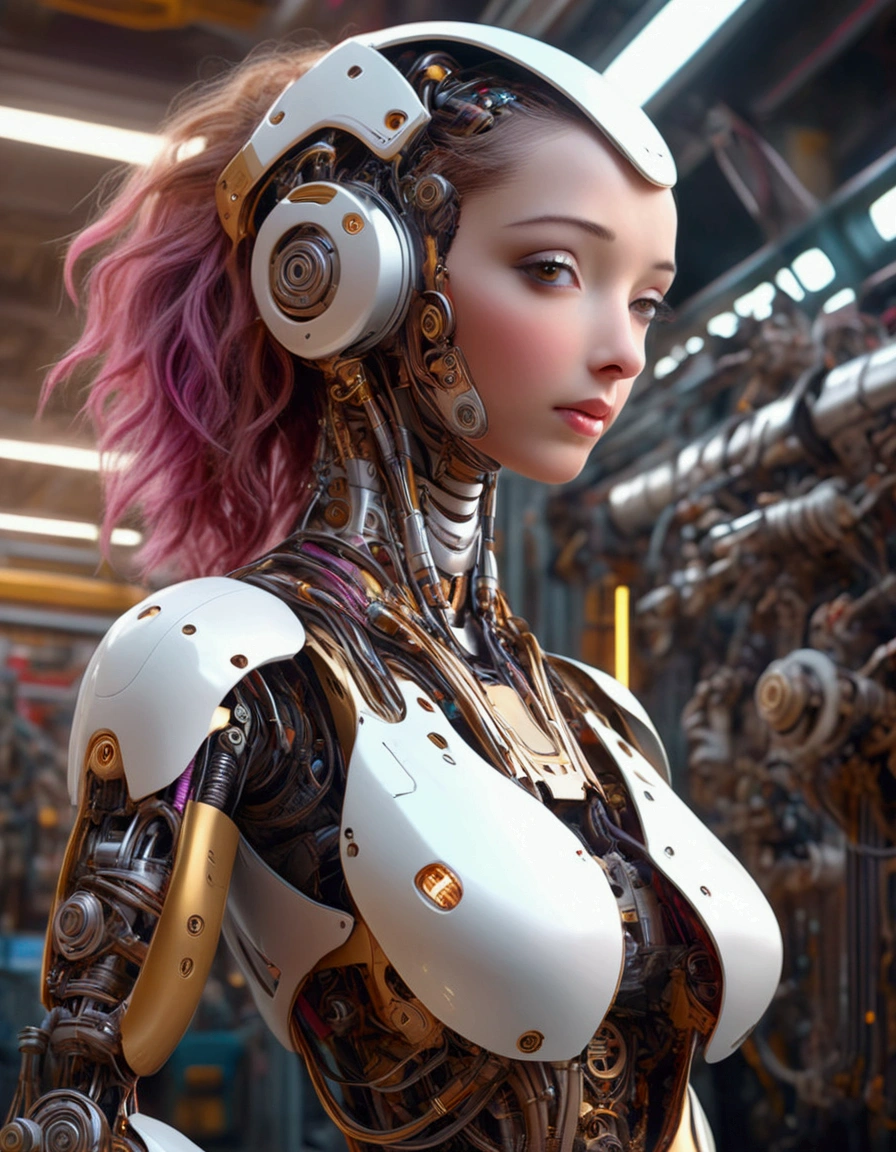 a lovely female robot, obviously mechanical, lifelike face, few open maintenance panels, standing in a machine shop on a space ship, highly detailed, intricate mechanical details, cinematic lighting, vibrant colors, futuristic, 4k, photorealistic, masterpiece, hyper detailed, exquisite craftsmanship, seamless integration of organic and inorganic elements, dynamic pose, emotive expression, cinematic atmosphere, stunning realism, mesmerizing mechanical elegance, expertly rendered