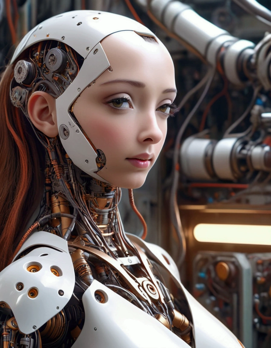 a lovely female robot, obviously mechanical, lifelike face, few open maintenance panels, standing in a machine shop on a space ship, highly detailed, intricate mechanical details, cinematic lighting, vibrant colors, futuristic, 4k, photorealistic, masterpiece, hyper detailed, exquisite craftsmanship, seamless integration of organic and inorganic elements, dynamic pose, emotive expression, cinematic atmosphere, stunning realism, mesmerizing mechanical elegance, expertly rendered