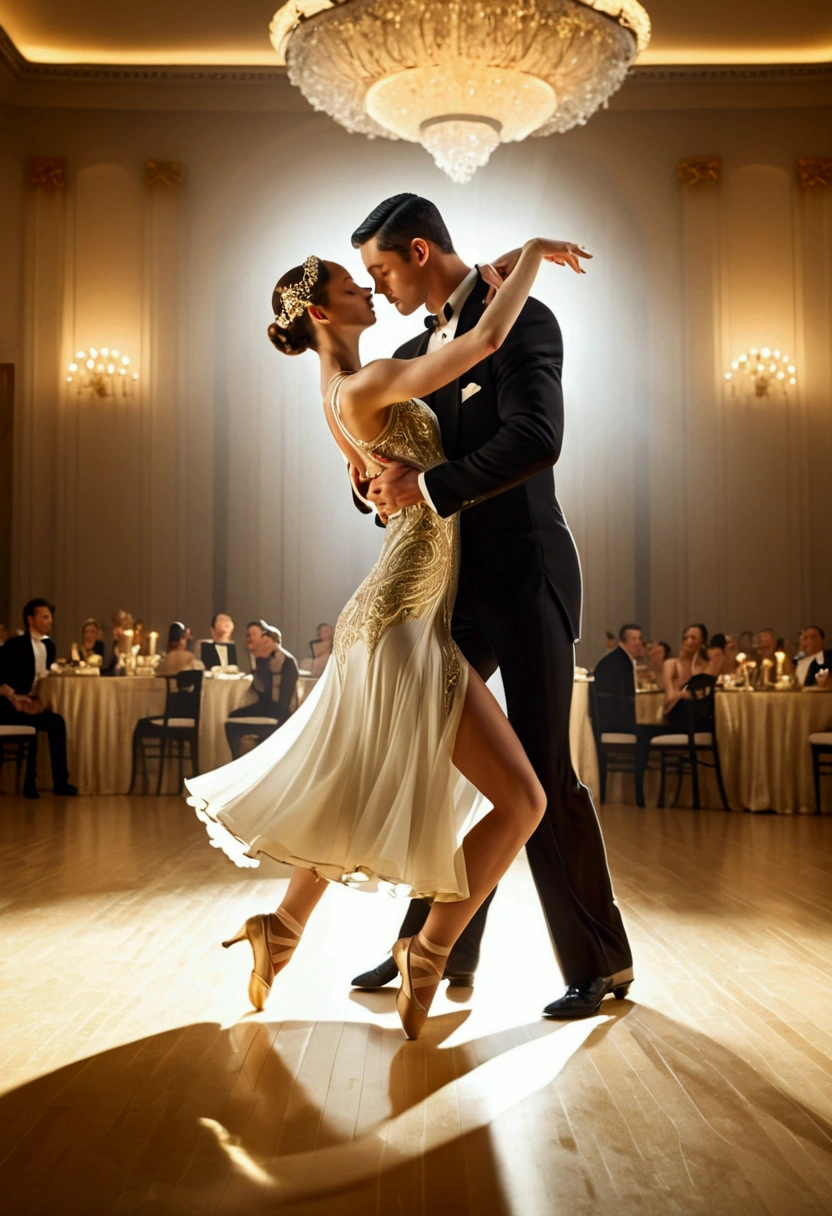 (Ultra-realistic Dancer, A grand ballroom dance), through 'Prismatic Shadows', (casting shadows in elegant gold and waltz white, with elegant gold and waltz white:0.5), dynamic movement, motion blur, full body, award-winning, cinematic still, emotional, vignette, dynamic, vivid, (masterpiece, best quality, photorealistic, Professional, perfect composition, very aesthetic, absurdres, ultra-detailed, intricate details:1.3)