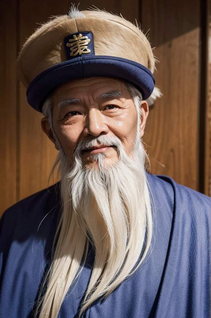 "An elderly Chinese man with a long white beard, wearing a long cloak, with a lifelike face. A gentle smile and bright eyes."