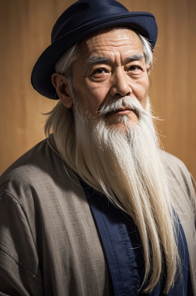 "An elderly Chinese man with a long white beard, wearing a long cloak, with a lifelike face. A gentle smile and bright eyes."