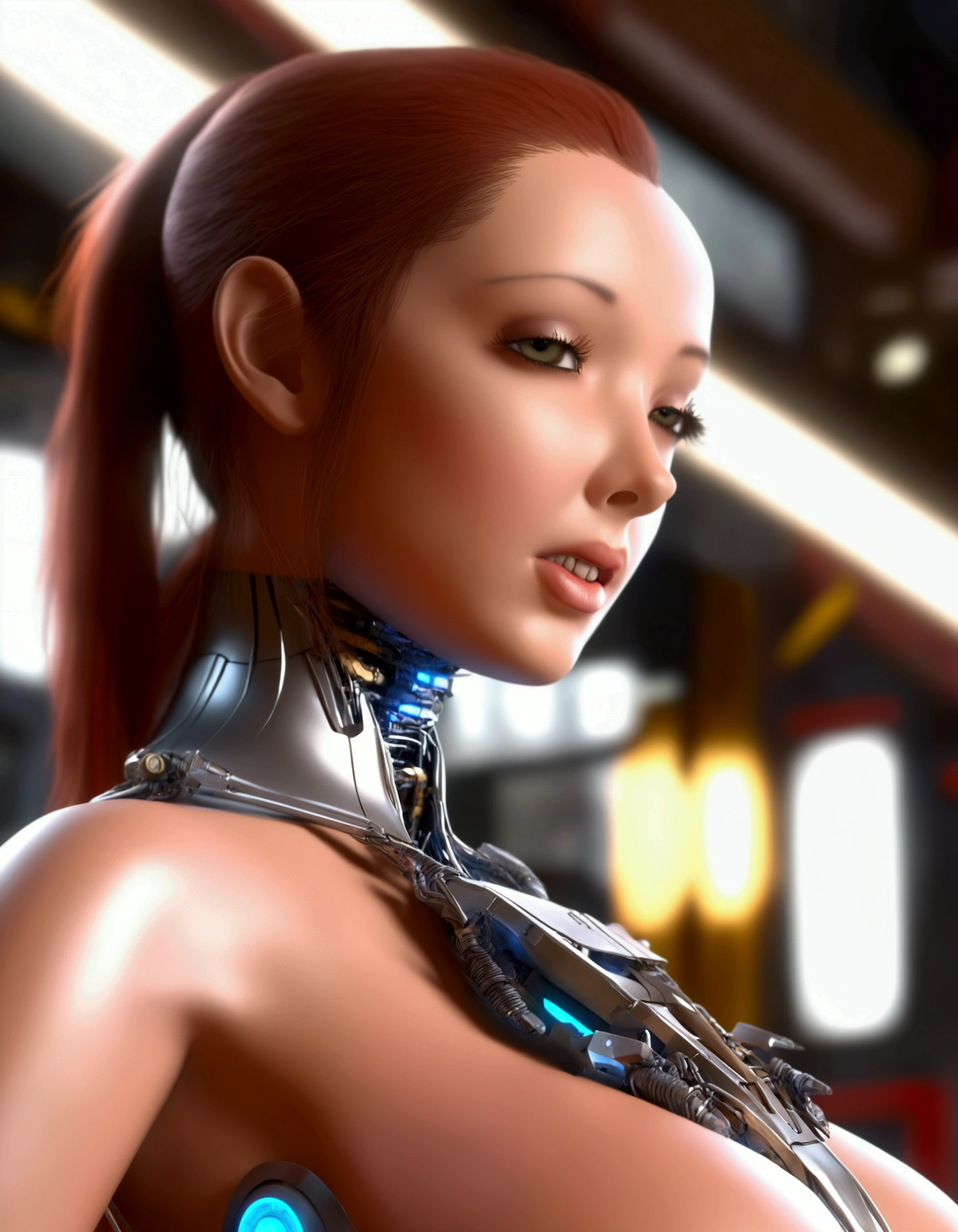 a lovely female robot, obviously mechanical, lifelike face, few open maintenance panels, standing in a machine shop on a space ship, highly detailed, intricate mechanical details, cinematic lighting, vibrant colors, futuristic, 4k, photorealistic, masterpiece, hyper detailed, exquisite craftsmanship, seamless integration of organic and inorganic elements, dynamic pose, emotive expression, cinematic atmosphere, stunning realism, mesmerizing mechanical elegance, expertly rendered
