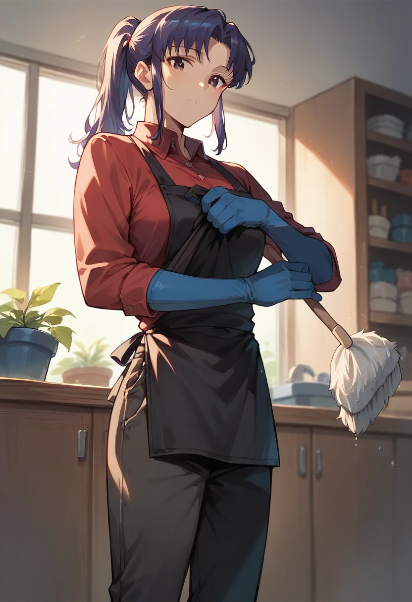 1girl, misato katsuragi, ponytail, ((blue half elbow gloves)), (red shirt), ((long sleeves)), (black apron), (pants), looking at viewer, standing, ((cleaning the room)), solo