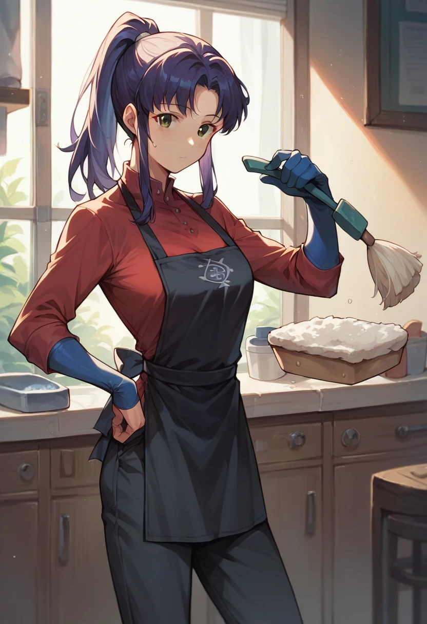 1girl, misato katsuragi, ponytail, ((blue half elbow gloves)), (red shirt), ((long sleeves)), (black apron), (pants), looking at viewer, standing, ((cleaning the room)), solo