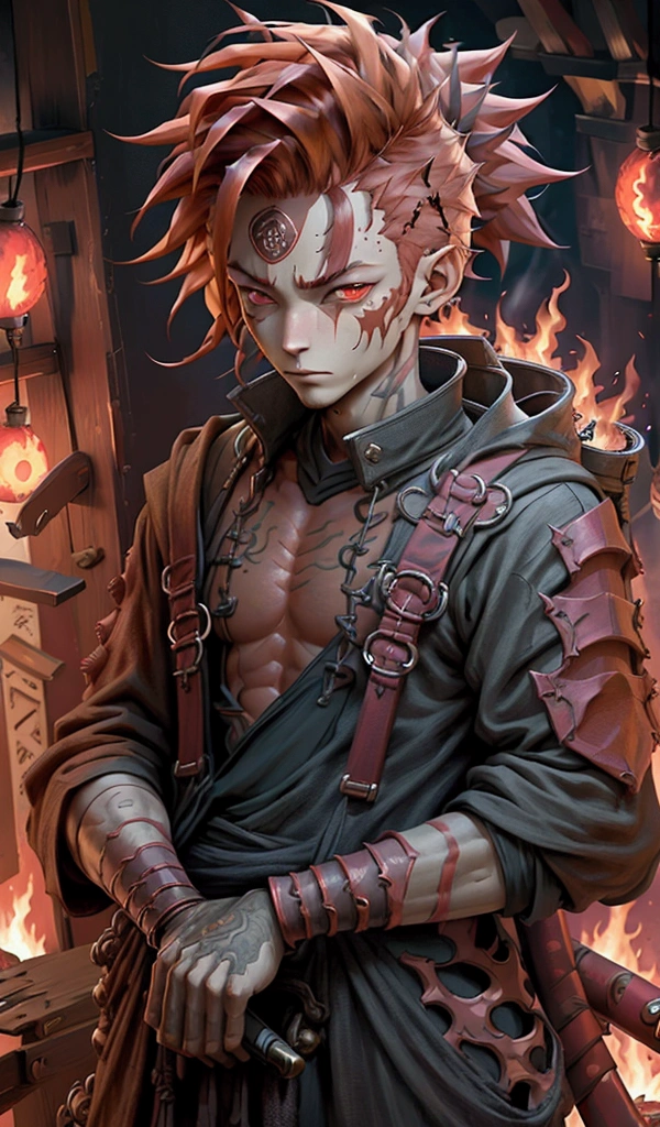 1 male demon with red skin with very thin fiery horns coming from the front of his forehead, ((fire hair)) ((with baggy clothes style oriental rpg world)) (perfect human eyes) work of art, best qualityer, (full viwer), bottom clean.