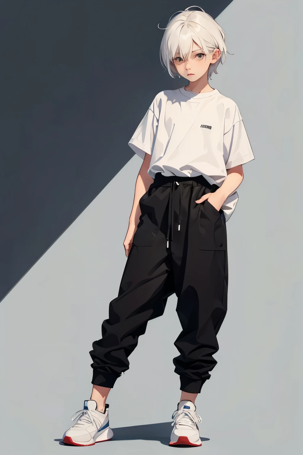 Please draw a full-body illustration of a 10-year-old androgynous, white-haired boy standing wearing a large, plain white T-shirt.。Androgynous face with round eyes。Look sick。Her hair is a short mash that reaches down to her ears.。Dressed in an oversized white T-shirt、Black trousers、Wearing sneakers。The illustration style is anime-like and has no background.