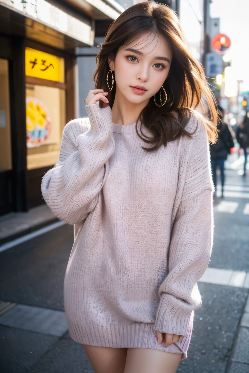 (1girl), masterpiece, best quality, an extremely sexy , highly detailed beautiful face, looking at viewer, 1girl, looking at viewer, 4k, high res, earings, firis mistuld, blush, (solo focus), straight hair, white background, thick outline, purple eyes, brown hair, love expression, ((brown hair)), on the Tokyo street, wearing sweater dress, random pose