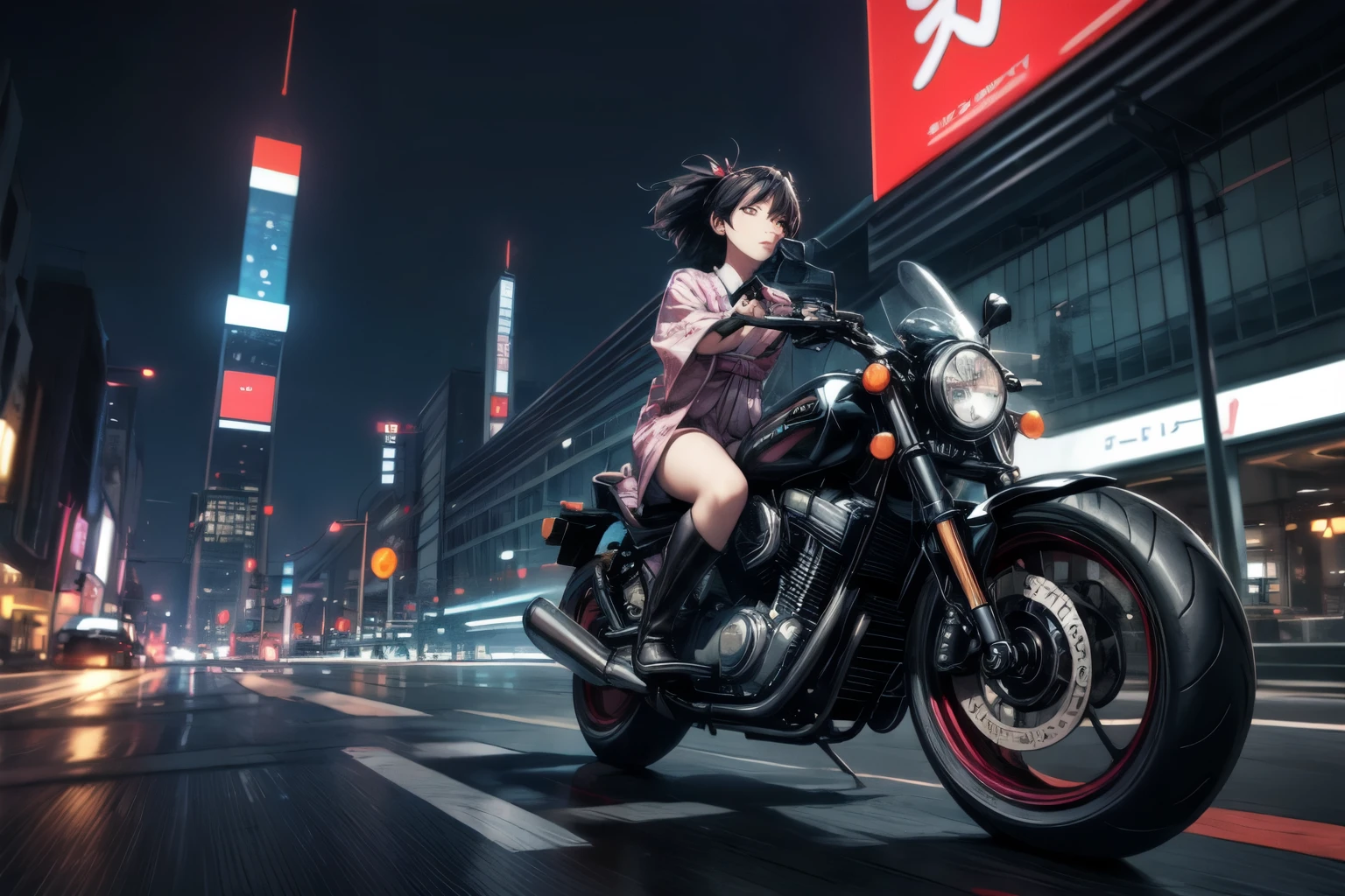 (masterpiece, best quality, super detailed, beautiful details eyes, Clean and delicate face), a cute lady riding a futuristic motorcycle in the city, BREAK, expressing the sense of speed with motion blur in the background, trail of lights, long exposure, akira anime style, BREAK, (wearing a punk color yukata, black boots, thigh), cyberpunk city, neon lights, volumetric lighting, dramatic lighting, cinematic, photo realistic, 8k, studio lighting, vivid colors, digital art, perspective, from below