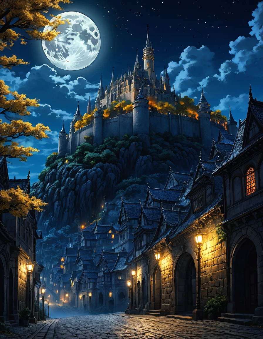 anime aestetics, anime scenery, gigantic blue moon over the castle, capital of ashes, stone roads, tall white stone buildings, beautiful architecture, elden ring capital, night, fullmoon, gigantic burning tree on the background, sky high tree, erd tree, elden ring scenery, gigantic structures, streets covered in ashes, medieval capital, dark fantasy setting, dark night, red yellow an blue colours, atmospheric perspective, perspective, wide shot, from side, 4K, 8k, highres, best quality, award winning, super detail, accurate, masterpiece, UHD