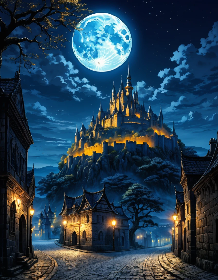  anime aestetics, anime scenery, gigantic blue moon over the castle, capital of ashes, stone roads, tall white stone buildings, beautiful architecture, elden ring capital, night, fullmoon, gigantic burning tree on the background, sky high tree, erd tree, elden ring scenery, gigantic structures, streets covered in ashes, medieval capital, dark fantasy setting, dark night, red yellow an blue colours, atmospheric perspective, perspective, wide shot, from side, 4K, 8k, highres, best quality, award winning, super detail, accurate, masterpiece, UHD