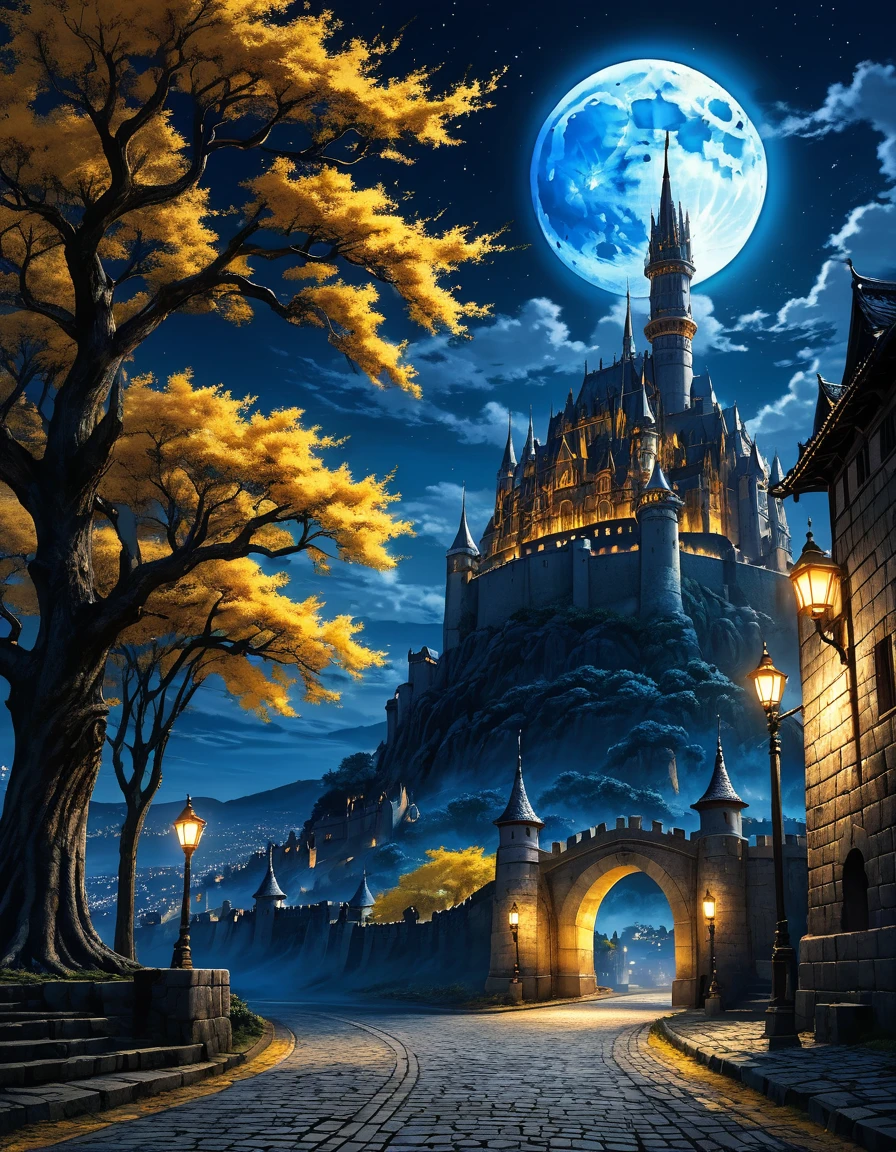  anime aestetics, anime scenery, gigantic blue moon over the castle, capital of ashes, stone roads, tall white stone buildings, beautiful architecture, elden ring capital, night, fullmoon, gigantic burning tree on the background, sky high tree, erd tree, elden ring scenery, gigantic structures, streets covered in ashes, medieval capital, dark fantasy setting, dark night, red yellow an blue colours, atmospheric perspective, perspective, wide shot, from side, 4K, 8k, highres, best quality, award winning, super detail, accurate, masterpiece, UHD