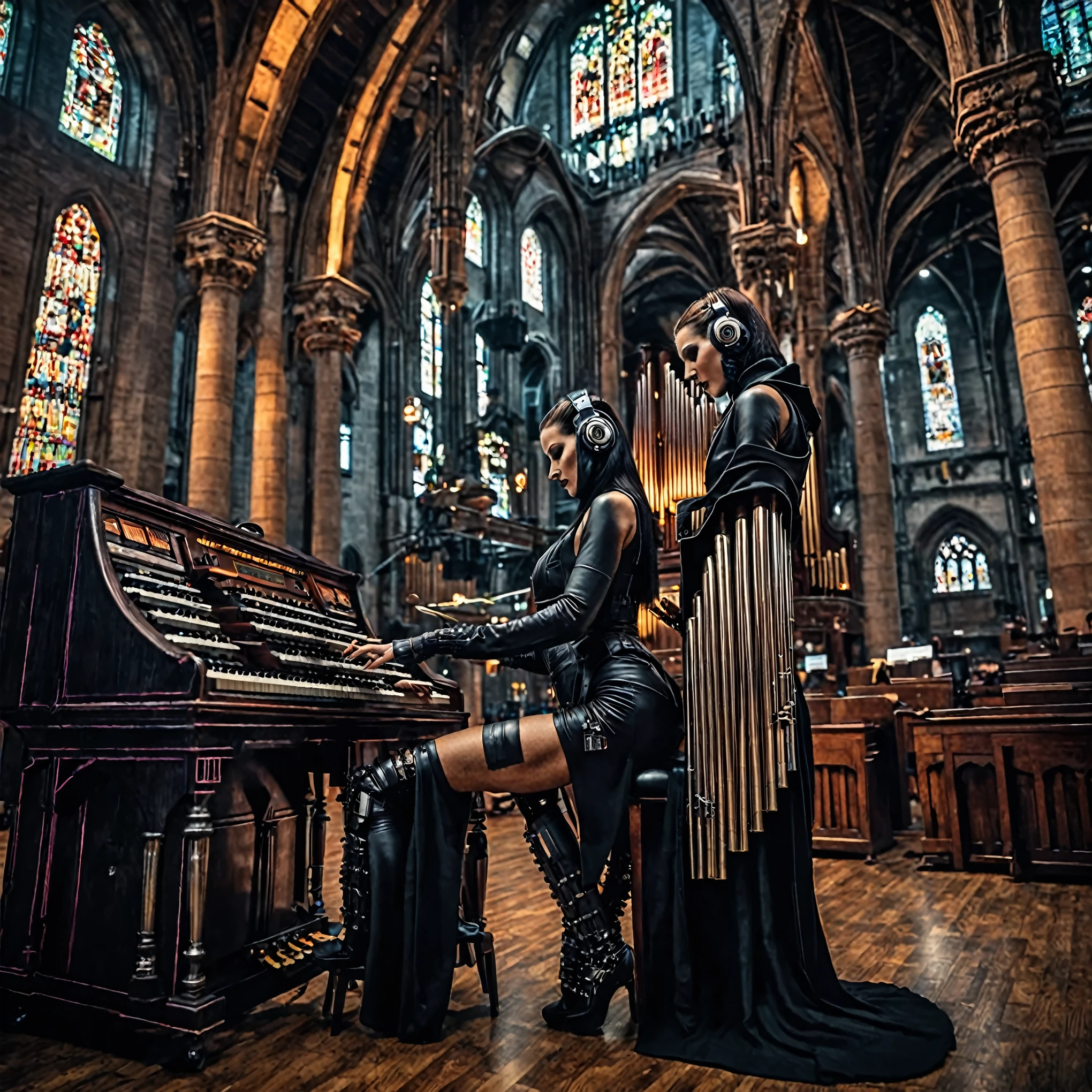 (cyber punk:1.4)、Androidの修道女に焦点を当てた写真, indoor, Realistic landscape, (Android:1.4), Playing the organ, pipe organ, music, close, arch, Chair, Nun's clothing, Very wide shot, Character Photography Portrait, movie, Professional, 4K, Very detailed,