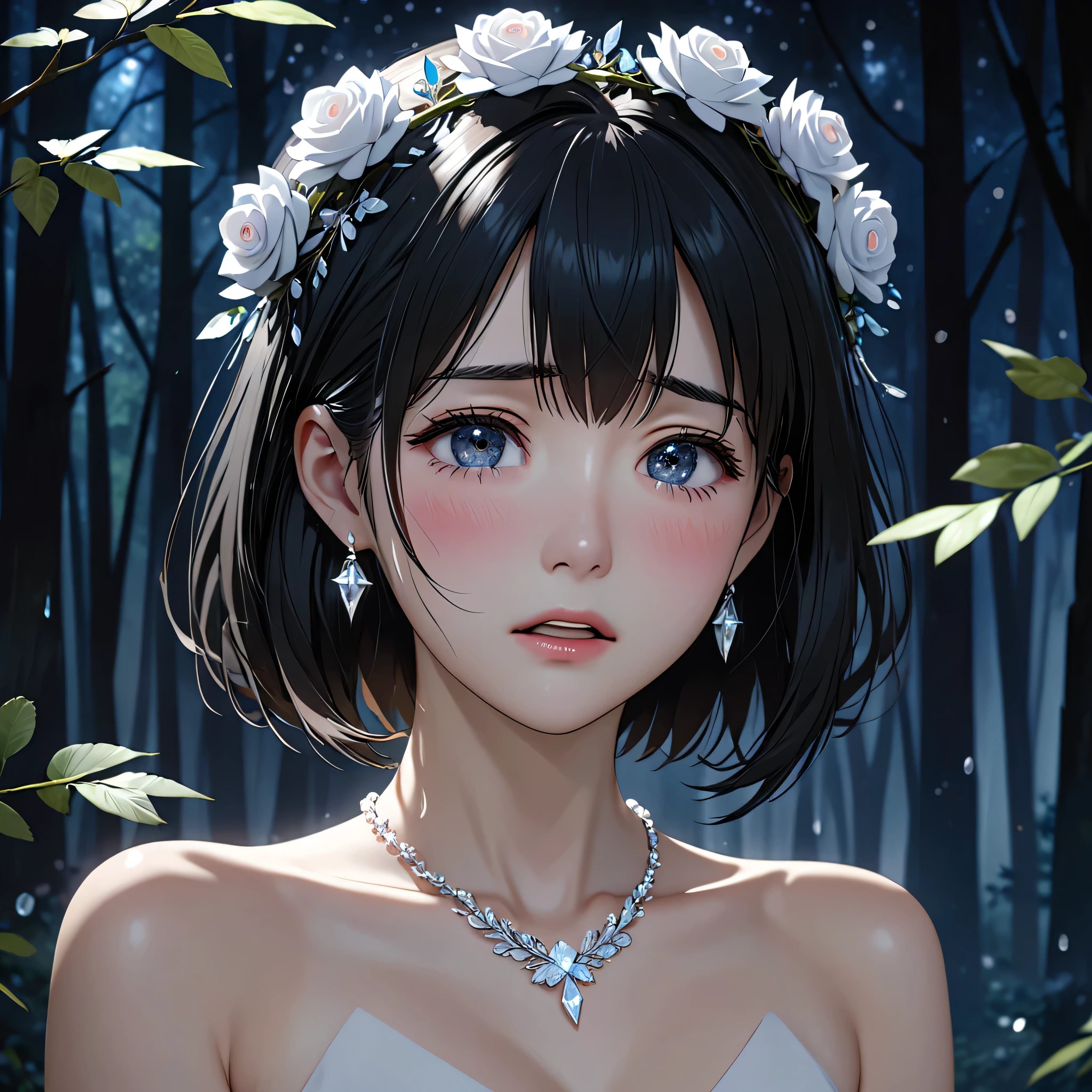 National Science Foundation,masterpiece,High resolution,8k,Art,digit,Three-dimensional,Realism,Kyoto Animation Style,your name movie style,looking into camera,cute,In the silent dark forest,(1 girl: 1.3),(alone: 1.4),(Upper body nudity),Put your hands behind your head,White rose crown,White crystal necklace,White crystal earrings,Black hair,Long eyelashes,Slender legs,Short Bob,Close-up of upper body,Close-up,(A Closer Look),Eyes as deep as the starry sky,shy,blush,pain,sad,sad,cry,Tears,open mouth