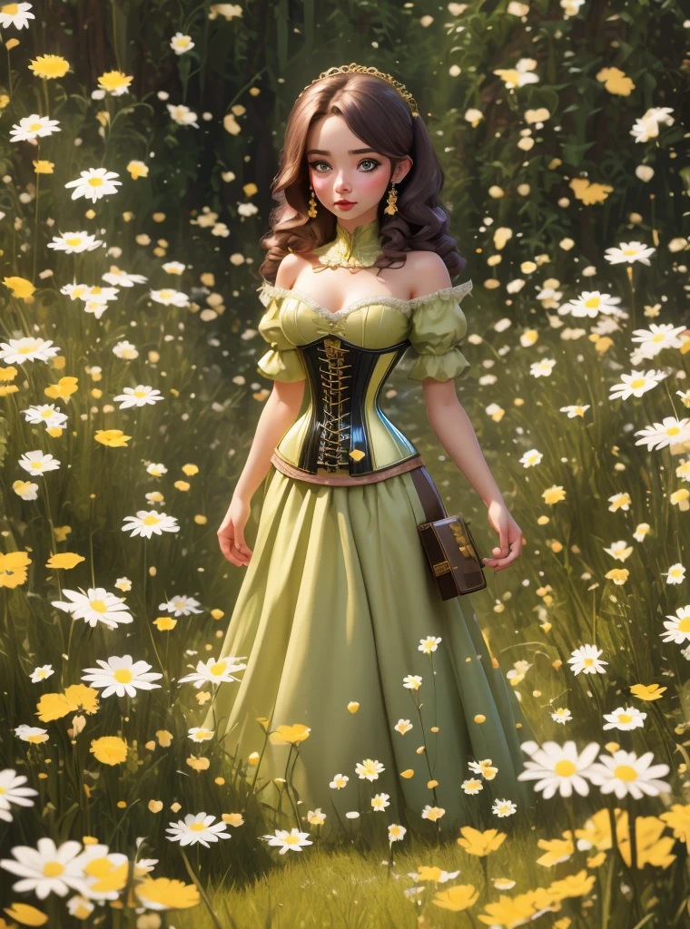 8k, masterpiece, highly detailed, 1girl, (yellow underbust corset), long dress, fairytale, sorcerer, magic, pouty lips, spell book, daisies, field