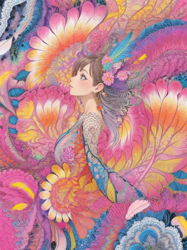 (1girl, solo, from side), extremely detailed, (abstract background, zentangle, fractal art:1.3), (many colors, colorful:1.1), (feathers, petals, flowers:1.3), dynamic pose, earrings