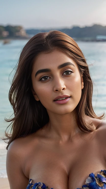 close-up portrait, (beach photoshoot), ((best quality)), masterpiece, 8k wallpaper, nikon, cinematic lighting, medium hair, ((blue iris)), (photorealistic:1.4), (pooja hegde), (as model), (deep cleavage), bikini