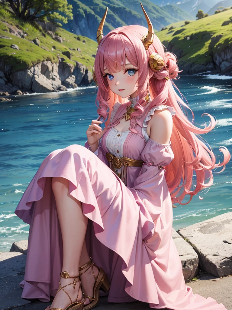 Young woman, pink, curly hair, small horns, Blue eyes, middle long dress with sleeves, in the mountains, pit weather, modest pose
