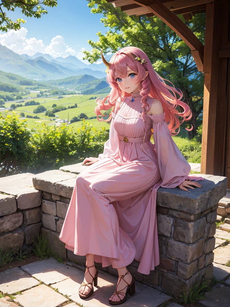 teenager, standing pose, dragon tail, dragon scale on hands and feet, dragon horns, white Chinese dress, Chinese dress modified to reveal belly button, white color scheme, pink highlights, long hair, pink hair, wide eyes, pink eyes, closed mouth, smile, imperial palace, towering pagodas, cherry blossom trees, red lanterns, stone dragon statues, golden accents, misty mountain backdrop, serene pond, jade green foliage,