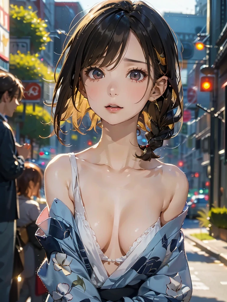 {(masterpiece,best quality, 8K UHD, extremely detailed CG, detailed beautiful face and eyes and skin and hair),(beautiful like picture:1.1)},{light blue backgroundl:1.4},BREAK,{(watercolor image:1.2),sketch,bright colors overall,gentle color},{Simple configuration:1.1},{erotic face,anguish,(painful:1.1),(very very ecstasy:1.2),(writhing:1.4),embarrassing}, BREAK,{solo girl,black hair,braid hair intricately,black glowing eyes},{yukata,(open clothes:1.2)},(Show shoulders:1.4),profile},{Floral}
