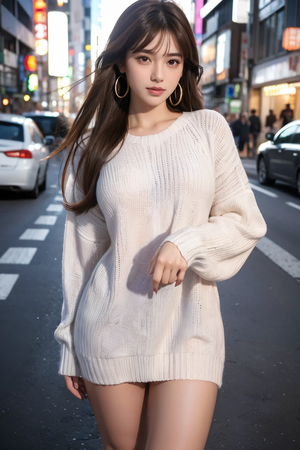 (1girl), masterpiece, best quality, an extremely sexy , highly detailed beautiful face, looking at viewer, 1girl, looking at viewer, 4k, high res, earings, firis mistuld, blush, (solo focus), straight hair, white background, thick outline, purple eyes, brown hair, love expression, ((brown hair)), on the Tokyo street, wearing sweater dress, random pose